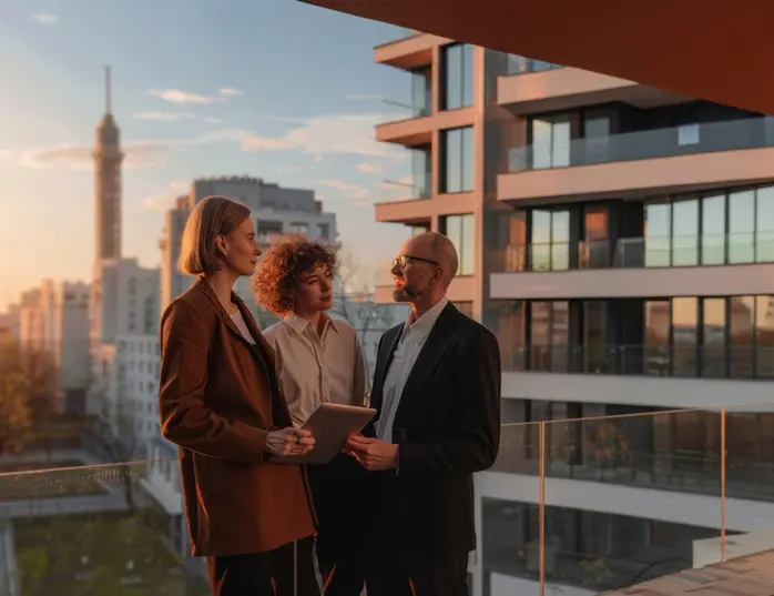 Nefra Properties team on a balcony overlooking the city at sunset