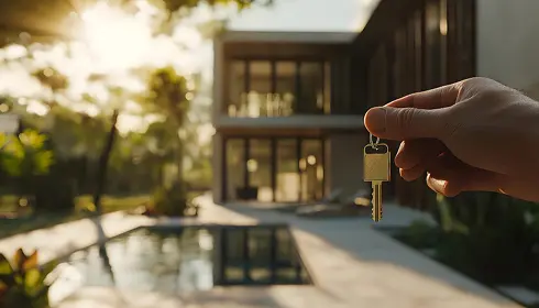 Hand holding house keys with a luxury villa and pool in the background